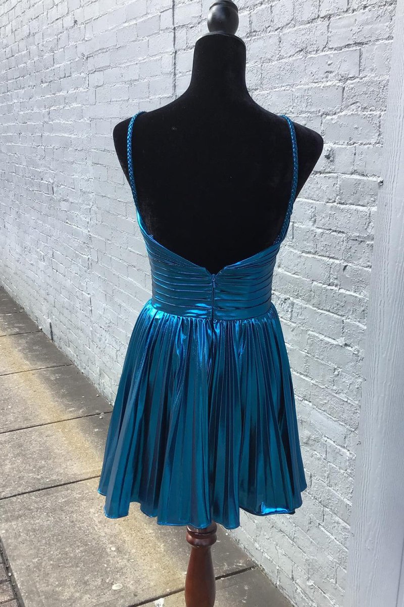 Gloden A-Line Metallic Spaghetti Strap Pleated Homecoming Dress