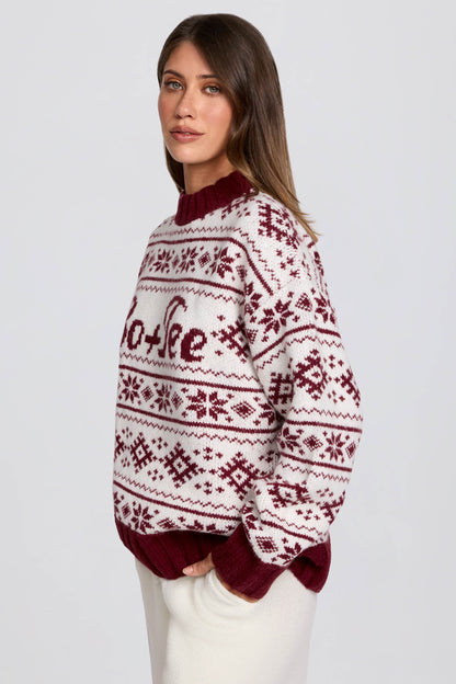 Jacquard-Knit Oversized Jumper in Crimson Red