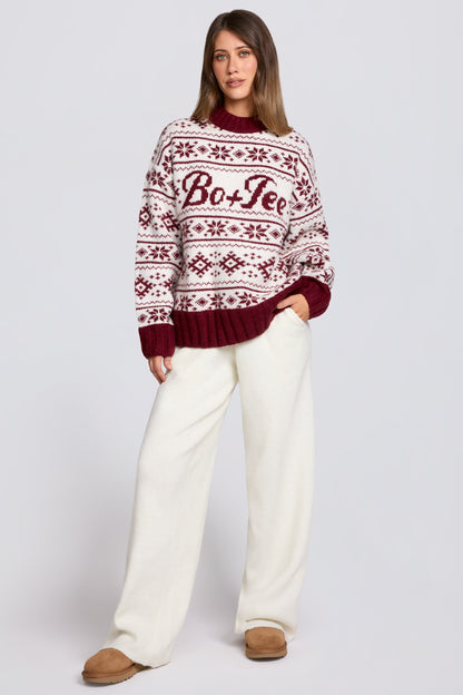 Jacquard-Knit Oversized Jumper in Crimson Red