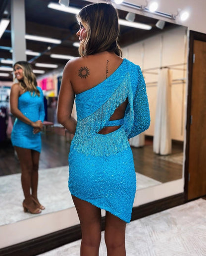 Fuchsia Bodycon One Shoulder Tassel Back Mini Party Dresses
