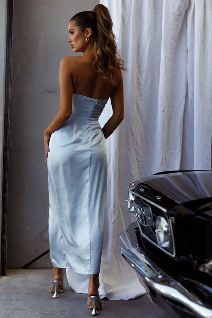 Gianna Strapless Waist Tie Midi Dress Steel Blue