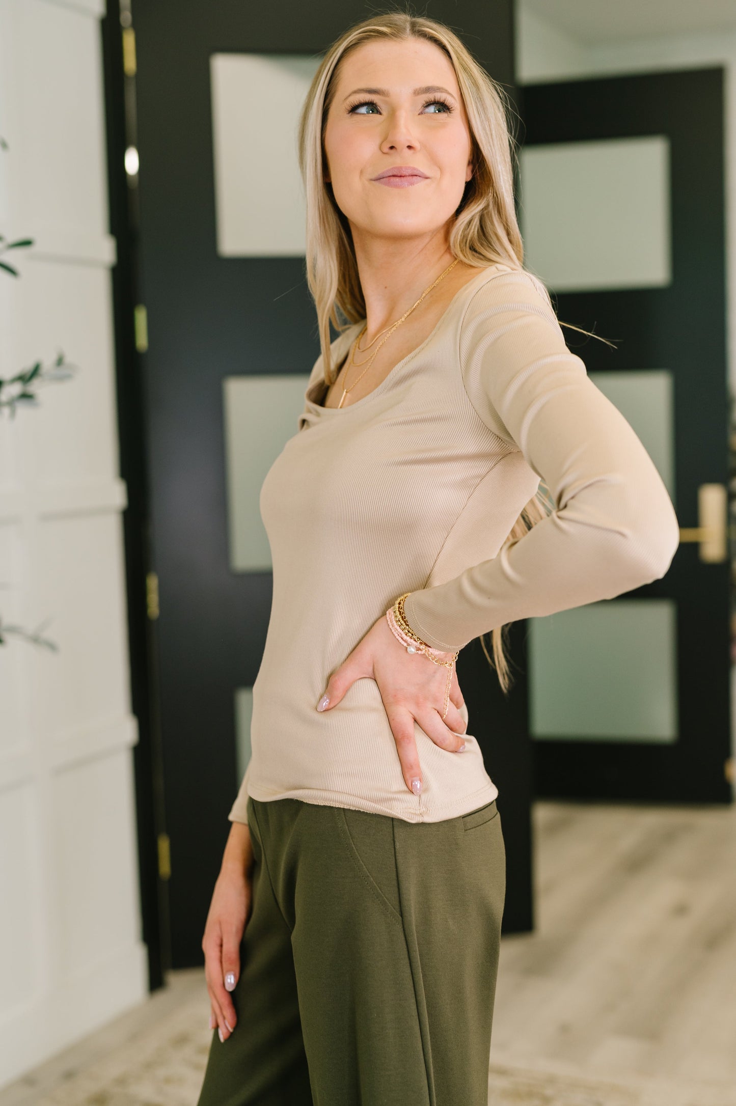 Hazel Blues® |  Can You Believe It Basic Long Sleeve Top In Sand