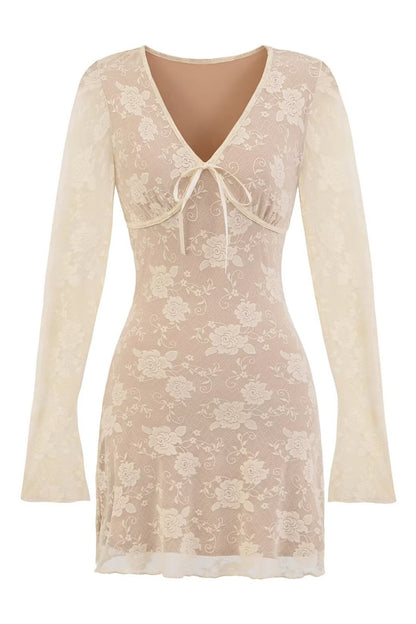 Long Sleeves Burgundy Lace Short Dress
