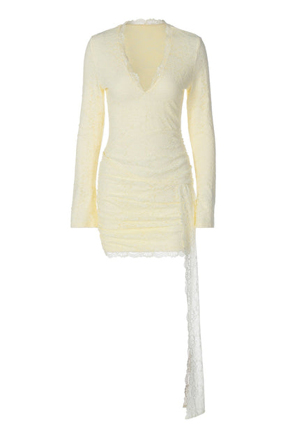 Long Sleeves Yellow Lace Tight Dress