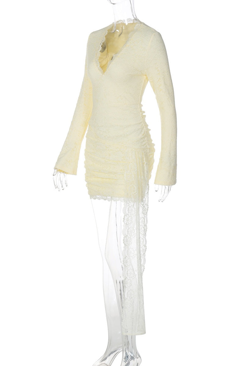Long Sleeves Yellow Lace Tight Dress