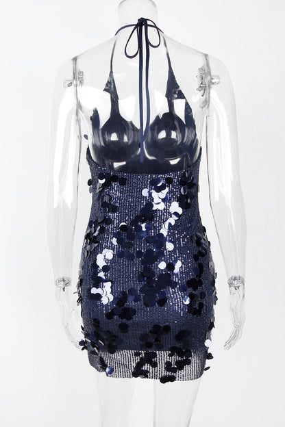 Halter Navy Blue Sequin Tight Short Dress