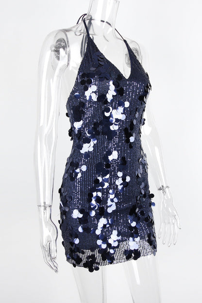 Halter Navy Blue Sequin Tight Short Dress
