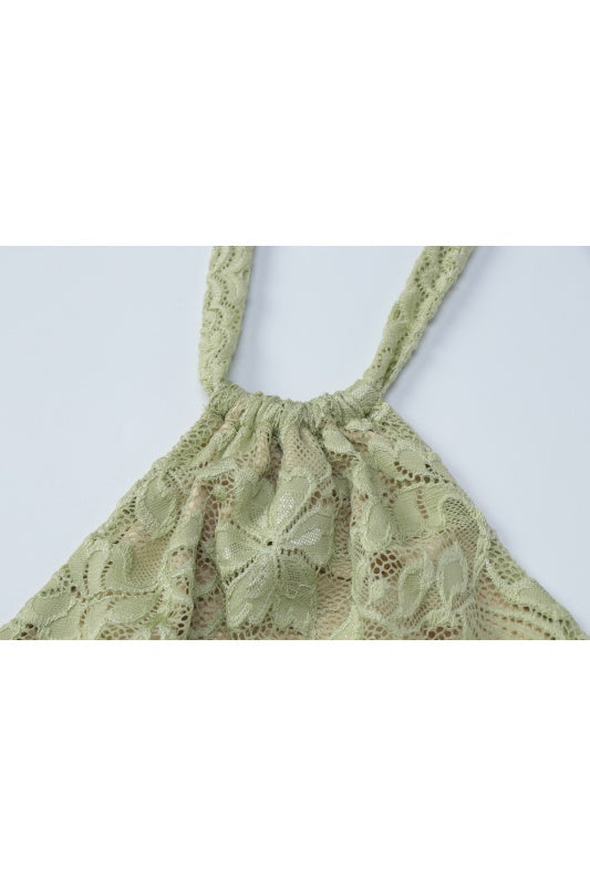 Halter Sage Green Lace Tight Dress with Train