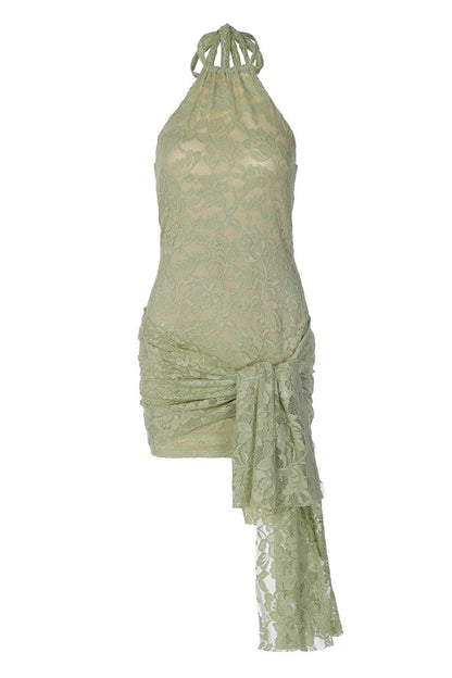 Halter Sage Green Lace Tight Dress with Train
