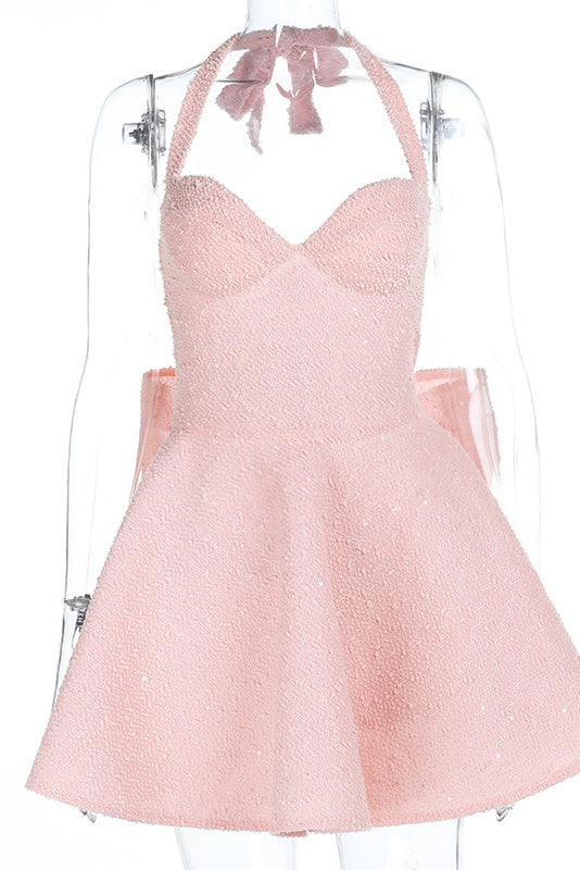 Halter Pink A-line Short Dress with Bow