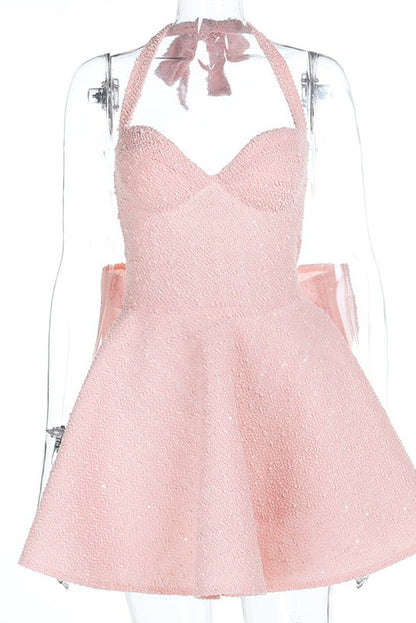 Halter Pink A-line Short Dress with Bow