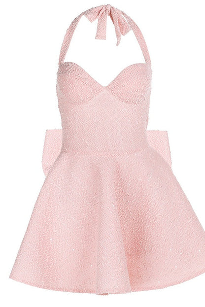 Halter Pink A-line Short Dress with Bow