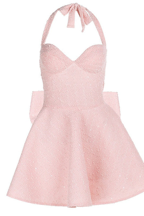 Halter Pink A-line Short Dress with Bow