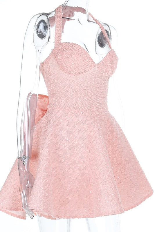 Halter Pink A-line Short Dress with Bow