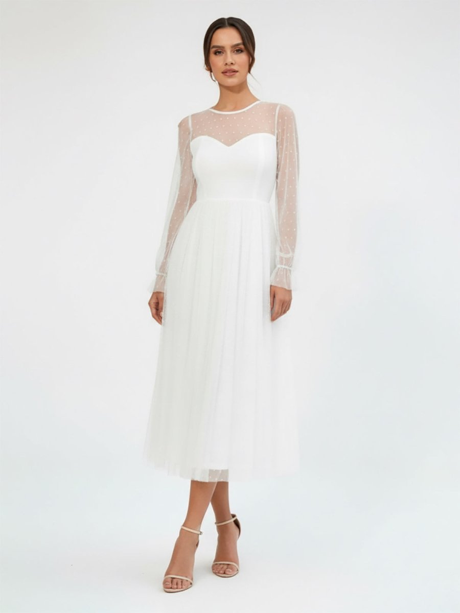 Elegant A-Line Long Sleeve Tea Length Wedding Dresses