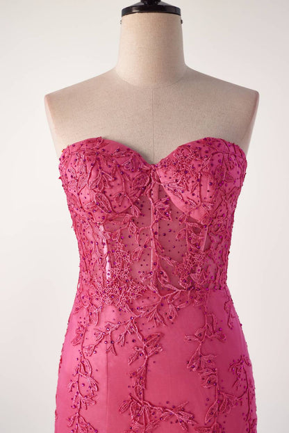 Hot Pink Lace Appliques Mermaid Long Formal Gown