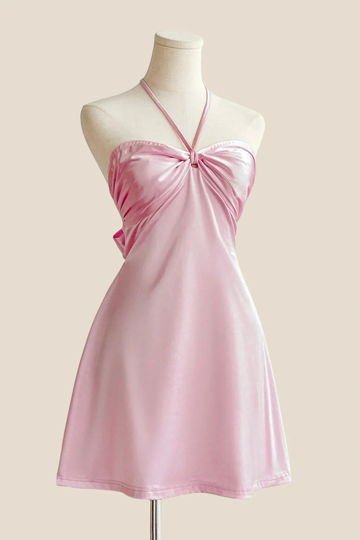 Halter Yellow Back Tie A-line Short Dress