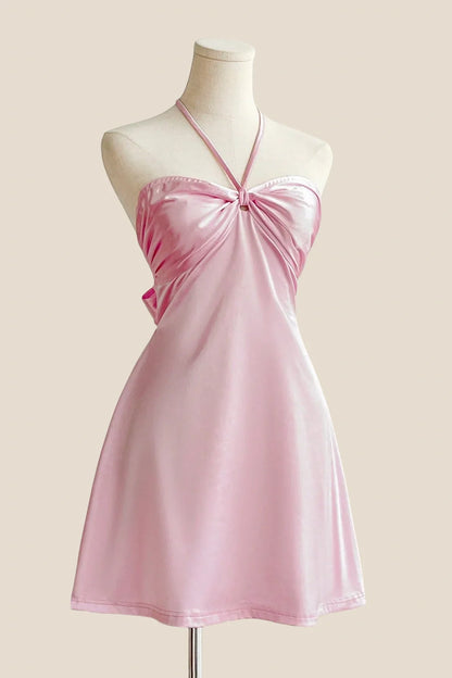 Halter Sage Green Back Tie A-line Short Dress