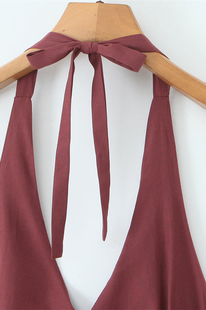 Halter Wine Red Ruffle A-line Short Dress