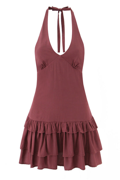 Halter Wine Red Ruffle A-line Short Dress