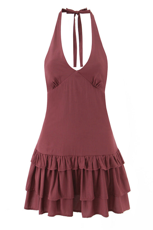 Halter Wine Red Ruffle A-line Short Dress