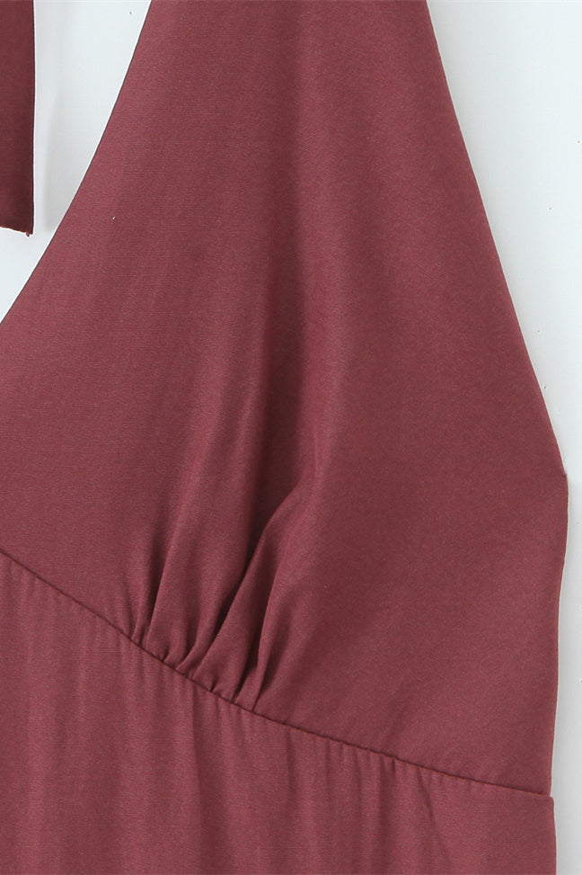 Halter Wine Red Ruffle A-line Short Dress