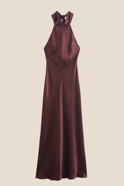 High Neck Burgundy Open Back Long Dress