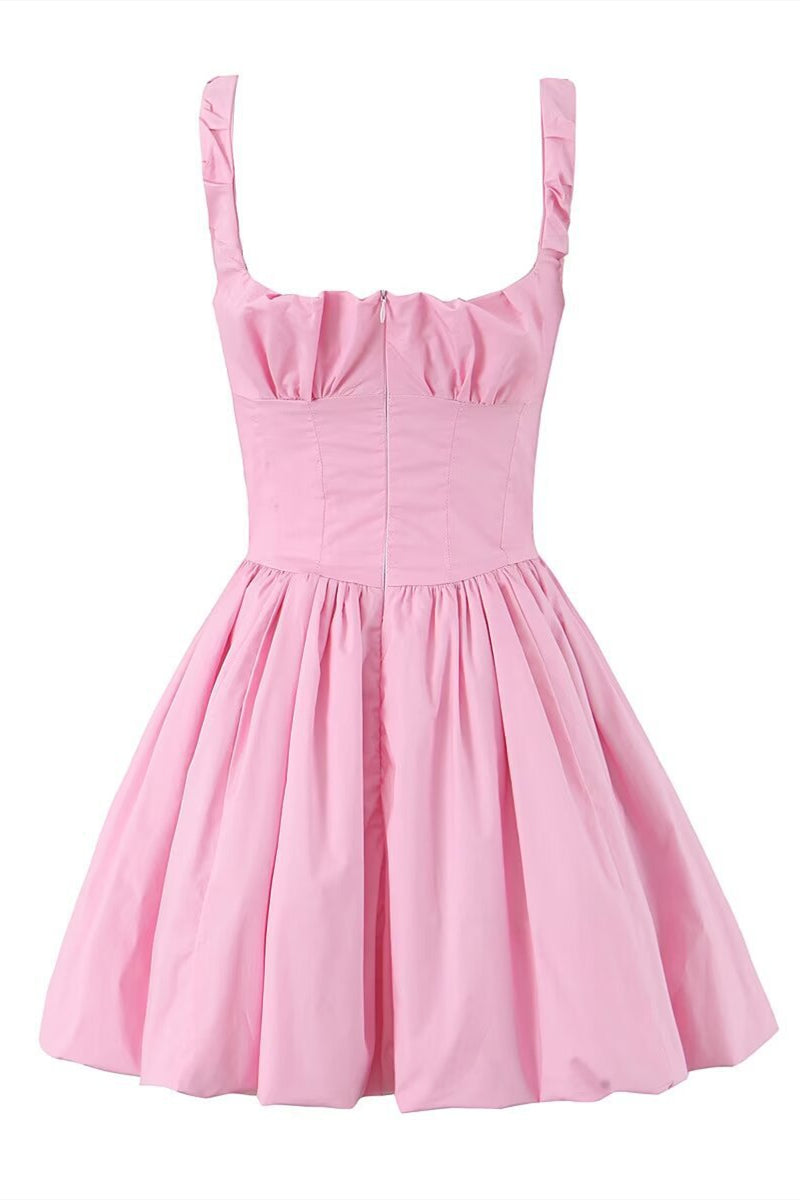 High Waist Pink Ruched Short Summer Dress