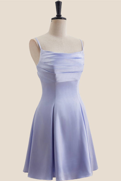 Light Blue Satin Short Dress with Back Bow