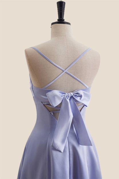 Light Blue Satin Short Dress with Back Bow