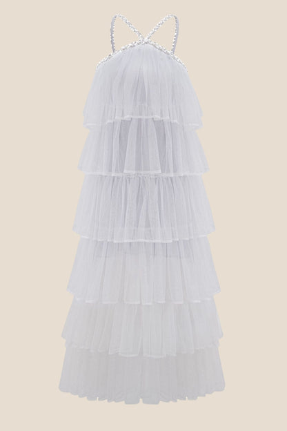 Light Pink Tiered A-line Long Dress with Diamonds