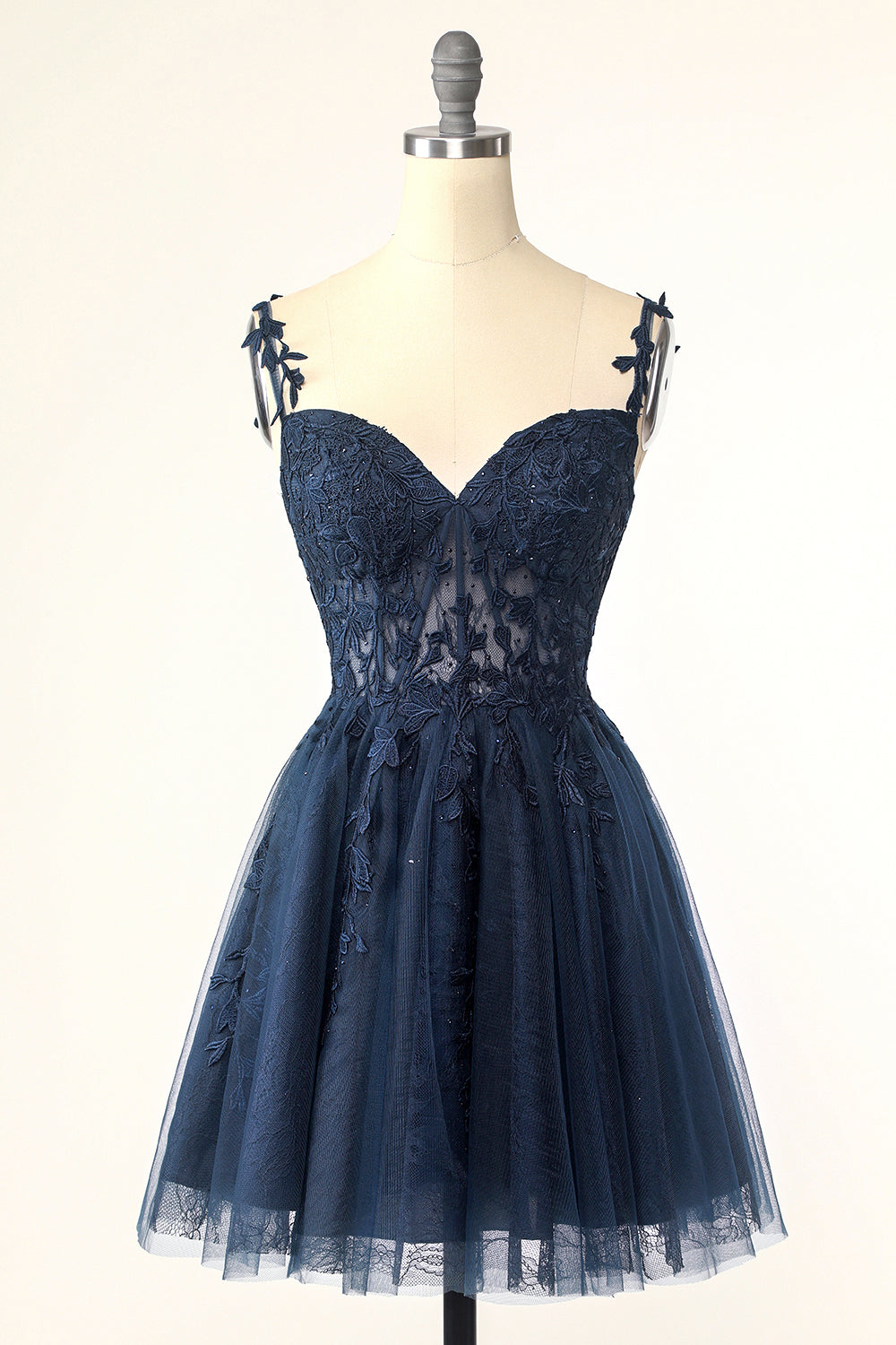 Navy Blue A-line Lace Appliques Short Homecoming Dress