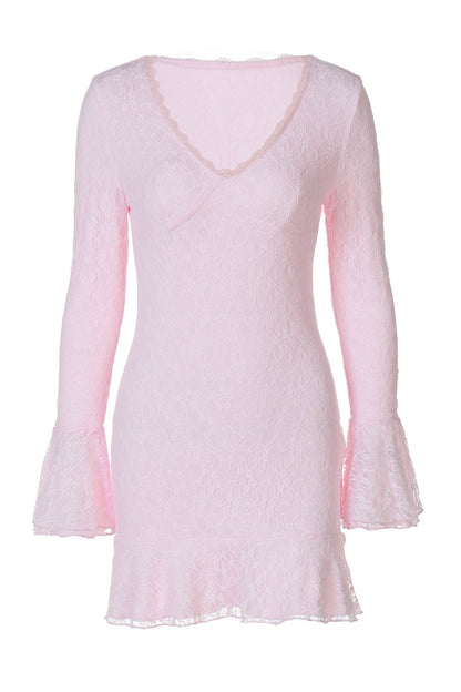 Long Sleeves Pink Lace Ruffled Short Dress