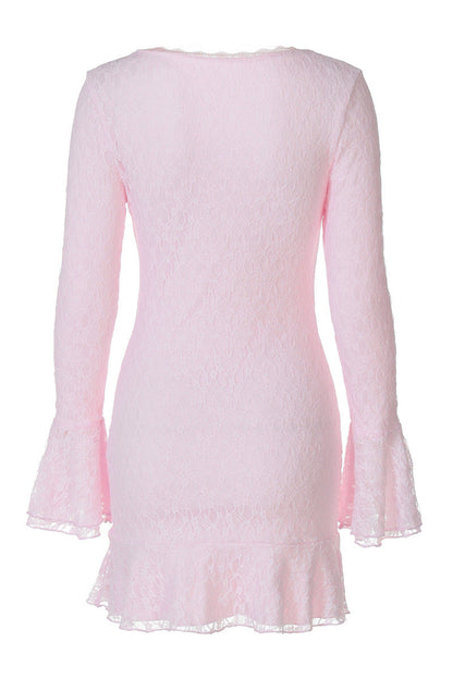 Long Sleeves Pink Lace Ruffled Short Dress