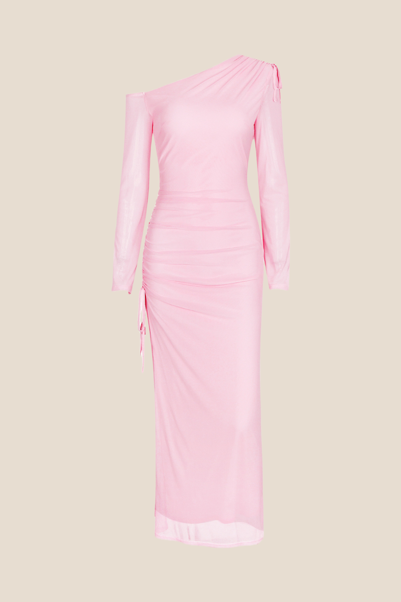Long Sleeves Pink Ruched Long Dress with Slit