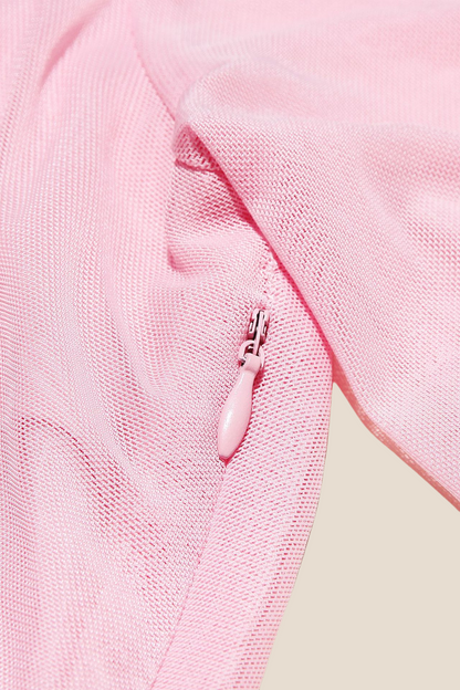 Long Sleeves Pink Ruched Long Dress with Slit