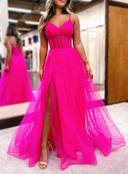 Fuchsia Spaghetti Straps Sheer Bodice A-Line Long Prom Dress with Slit