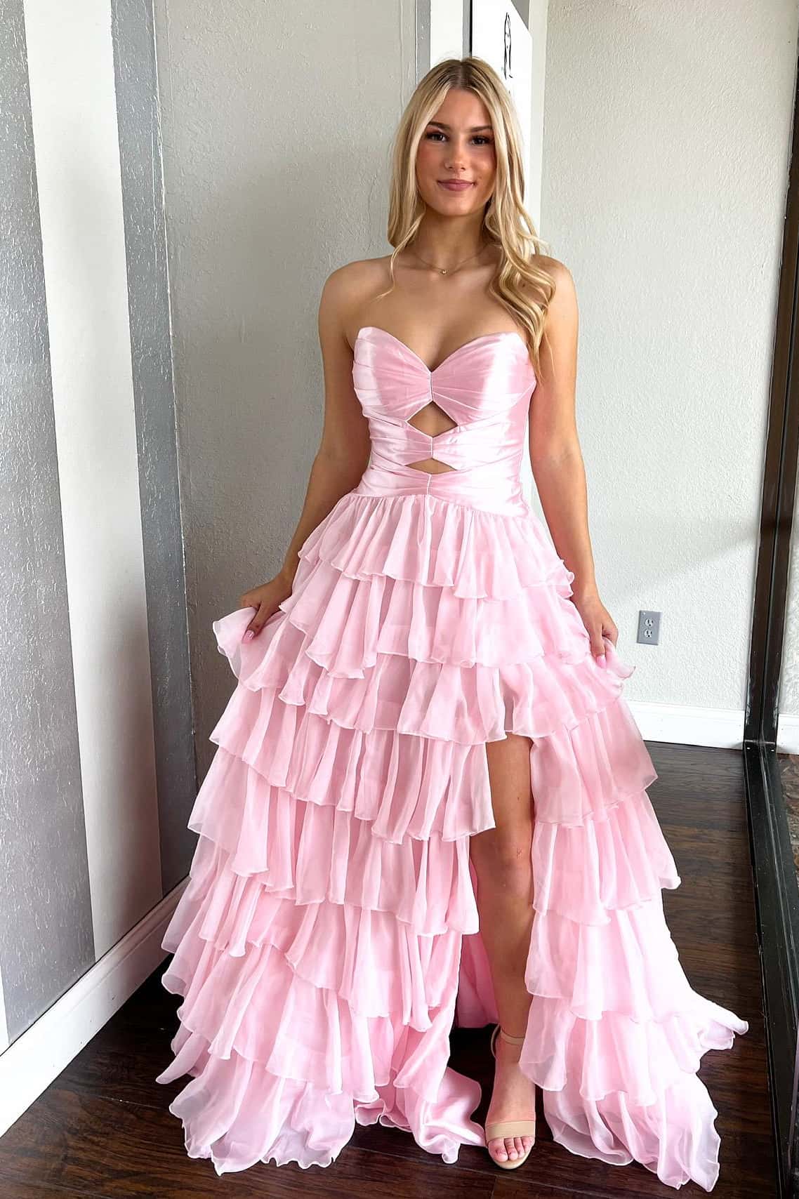 Keyholes Hot Pink A-line Ruffle Prom Dress