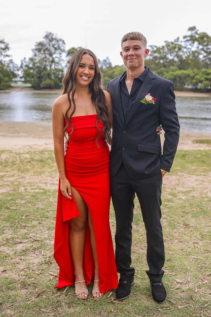 Strapless Burgundy Pleated Long Dress with Slit