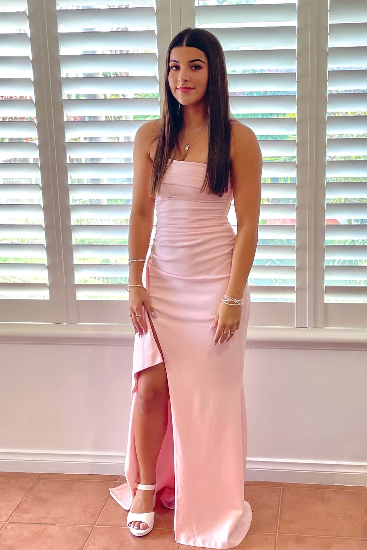 Strapless Burgundy Pleated Long Dress with Slit