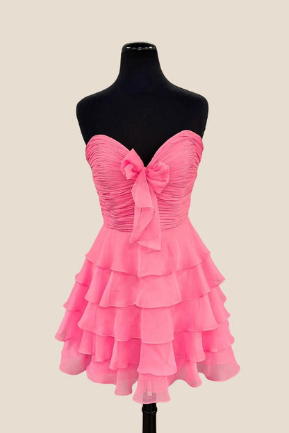 Strapless Green Chiffon Bow Ruffle Short Dress