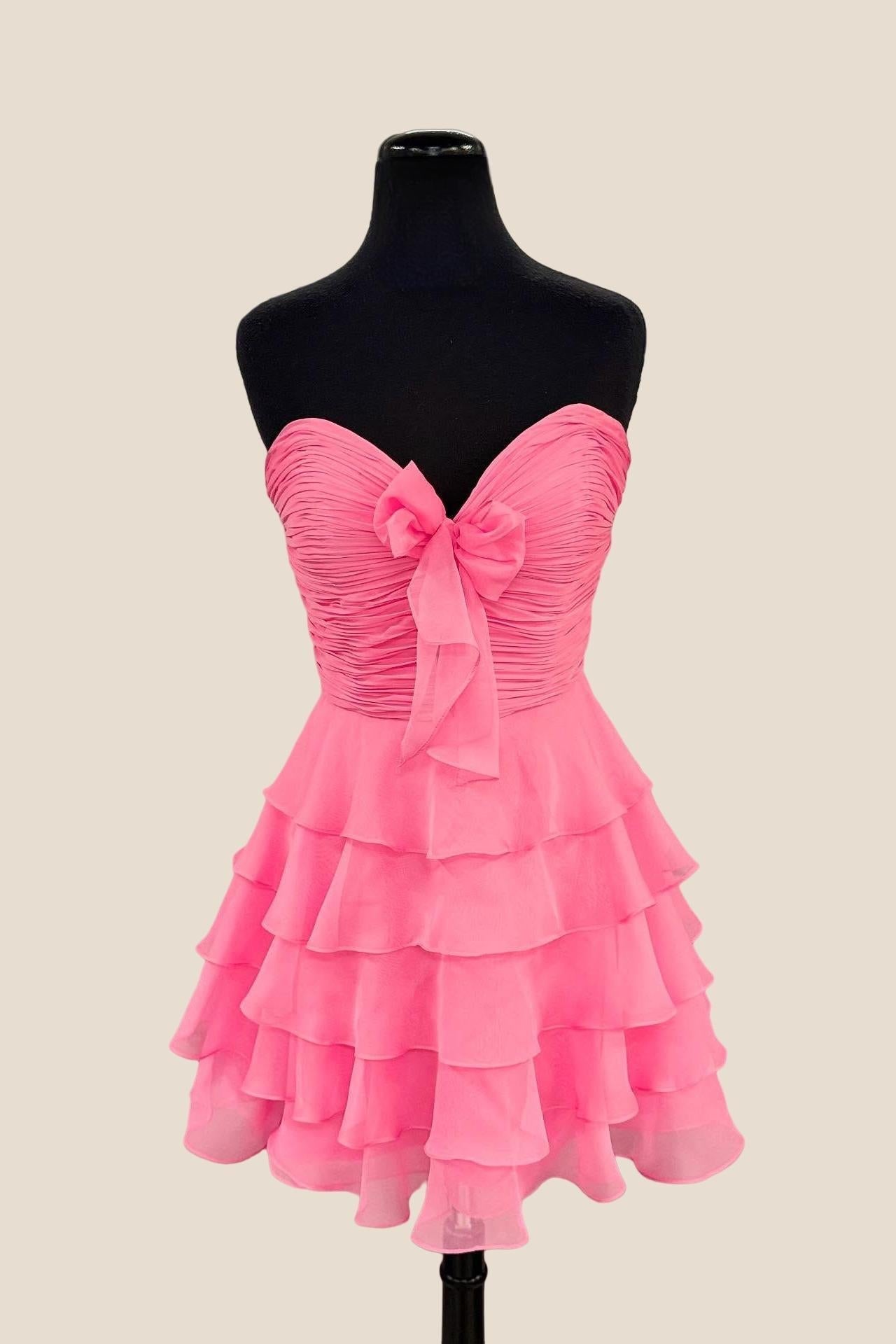 Strapless Hot Pink Chiffon Bow Ruffle Short Dress