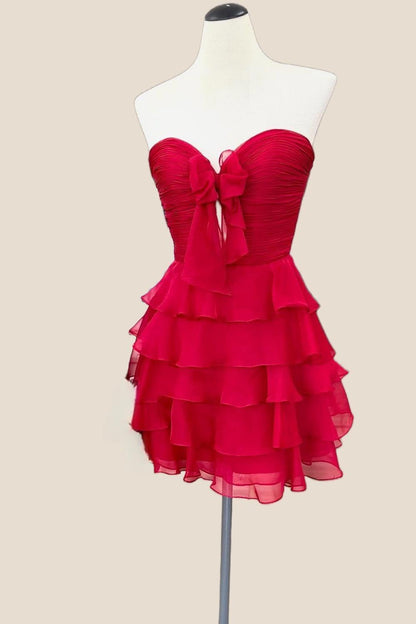 Strapless Green Chiffon Bow Ruffle Short Dress