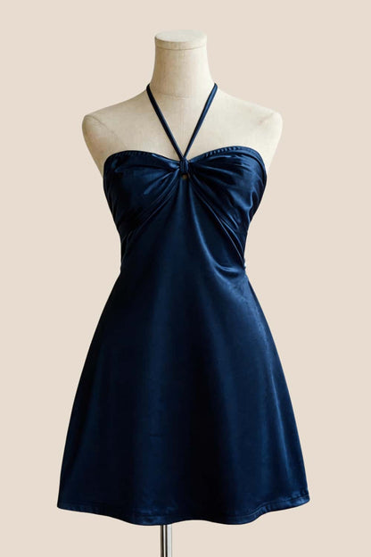 Halter Yellow Back Tie A-line Short Dress