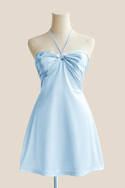 Halter Pink Back Tie A-line Short Dress