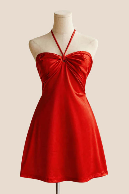 Halter Yellow Back Tie A-line Short Dress