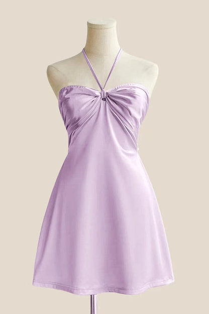 Halter Sage Green Back Tie A-line Short Dress