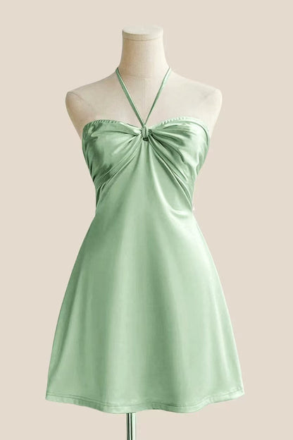 Halter Sage Green Back Tie A-line Short Dress