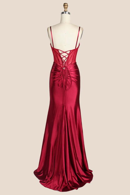 Navy Blue Beaded Ruched Satin Fitted Formal Dress