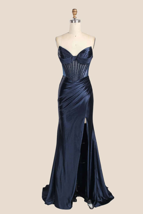 Navy Blue Beaded Ruched Satin Fitted Formal Dress